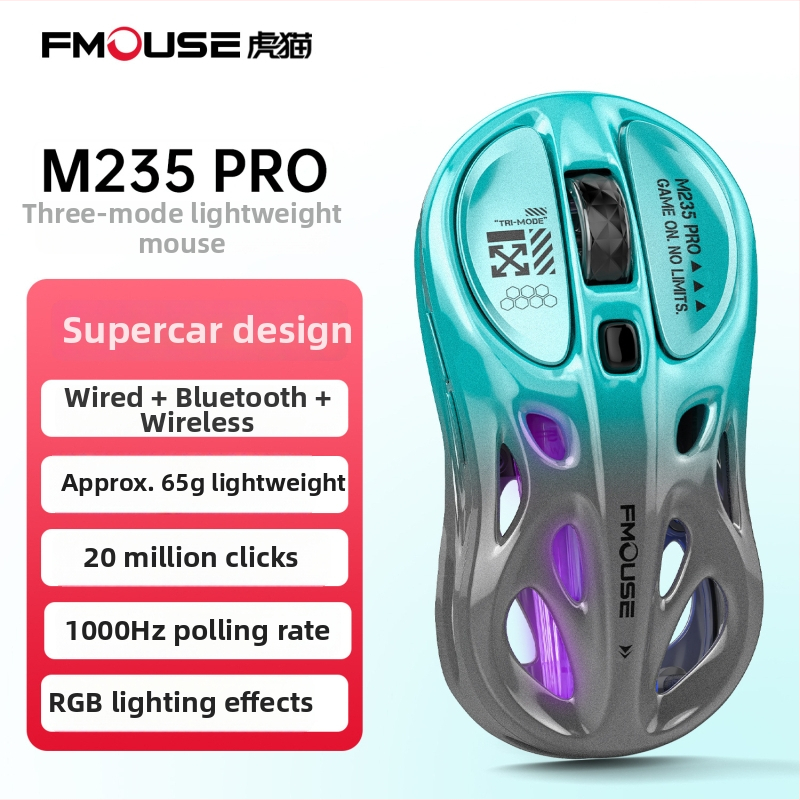 Tiger Cat M235Por herný miš – ľahká, tri režimy bezdrôtového pripojenia (Bluetooth, 2,4 GHz, kábel), RGB podsvietenie, 4800 DPI, 8 tlačidiel