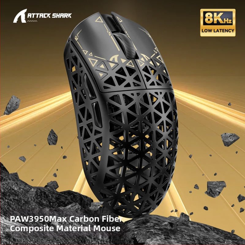 Attack Shark R5Ultra ανθρακονήματι ασύρματο gaming ποντίκι, τρία-mode συνδεσιμότητα USB/2.4G/Bluetooth (PAW3950 αισθητήρας • 42000 DPI • 6 πλήκτρα • εμβέλεια 10 m • βάρος 43 g)