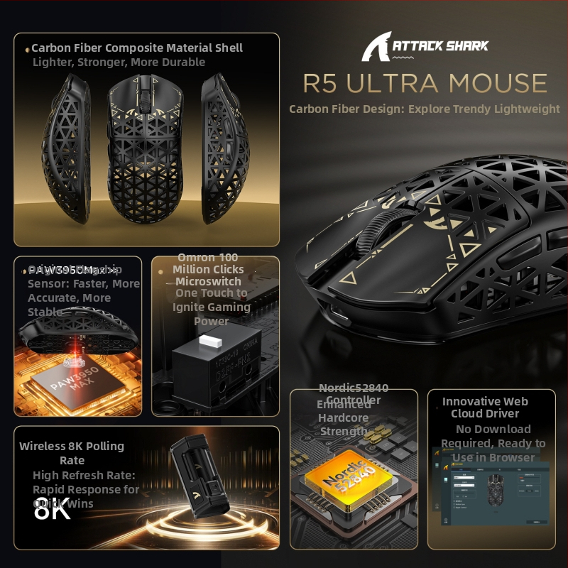 Attack Shark R5Ultra ανθρακονήματι ασύρματο gaming ποντίκι, τρία-mode συνδεσιμότητα USB/2.4G/Bluetooth (PAW3950 αισθητήρας • 42000 DPI • 6 πλήκτρα • εμβέλεια 10 m • βάρος 43 g)