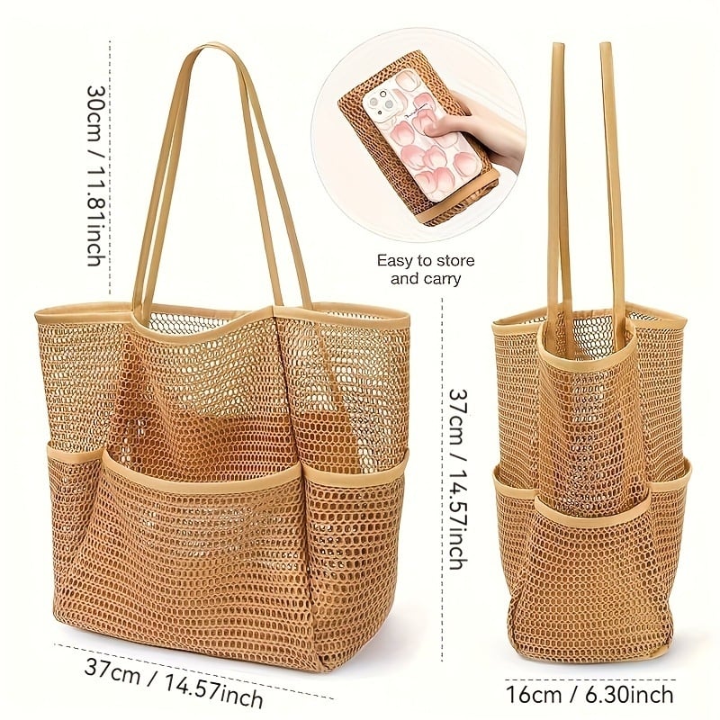 Plažna torba s mini džepom, ženska ručna torba, sklopiva mrežasta torba, materijal: najlon + oxford tkanina, prozračna