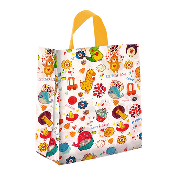 Poșetă din plastic pentru magazin de îmbrăcăminte pentru copii, design drăguț desen animat și logo personalizat de înaltă calitate — construcție cu dublu strat; destinație ambalare cadouri; producție zilnică 100000; toleranță 0.001