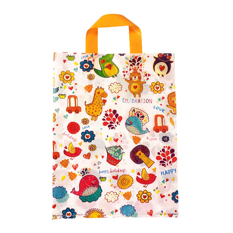 Poșetă din plastic pentru magazin de îmbrăcăminte pentru copii, design drăguț desen animat și logo personalizat de înaltă calitate — construcție cu dublu strat; destinație ambalare cadouri; producție zilnică 100000; toleranță 0.001