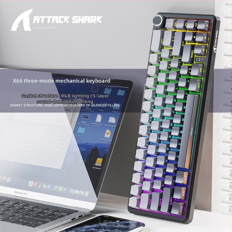 Gaming tipkovnica s 66 tipkama, bežična, plavi prekidači, RGB pozadinsko osvjetljenje, istovremena povezanost s 3 uređaja