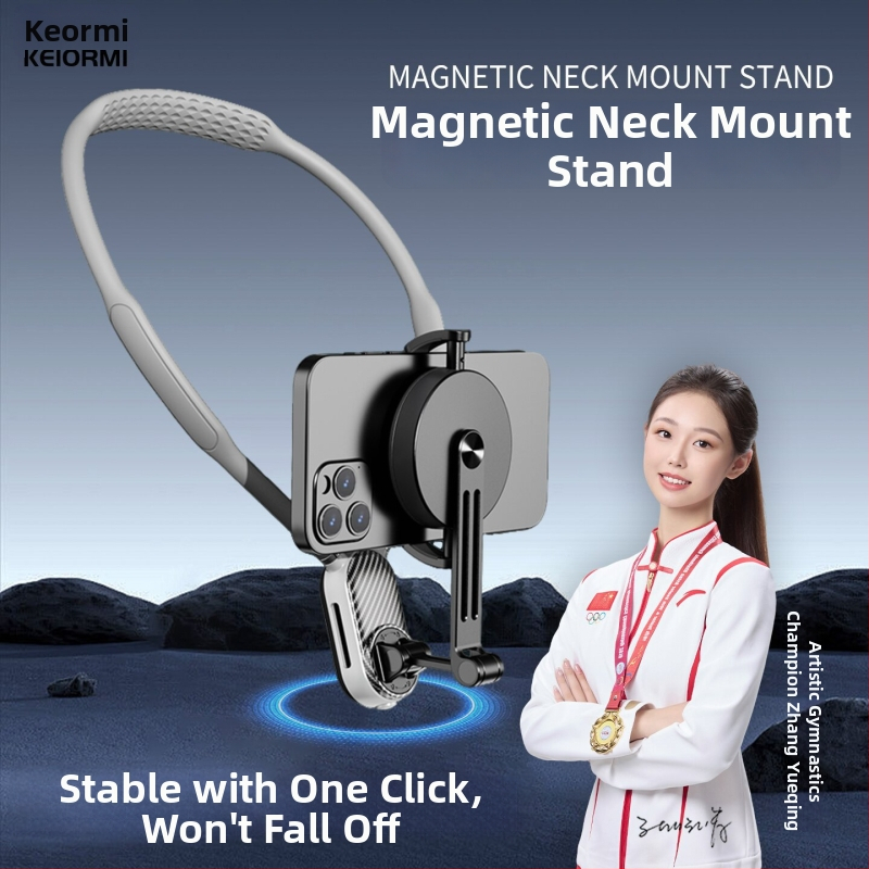 Suport magnetic pentru gât cu anti-vibrații pentru camere de acțiune și smartphone-uri — cauciuc și metal, compatibil universal, model J10