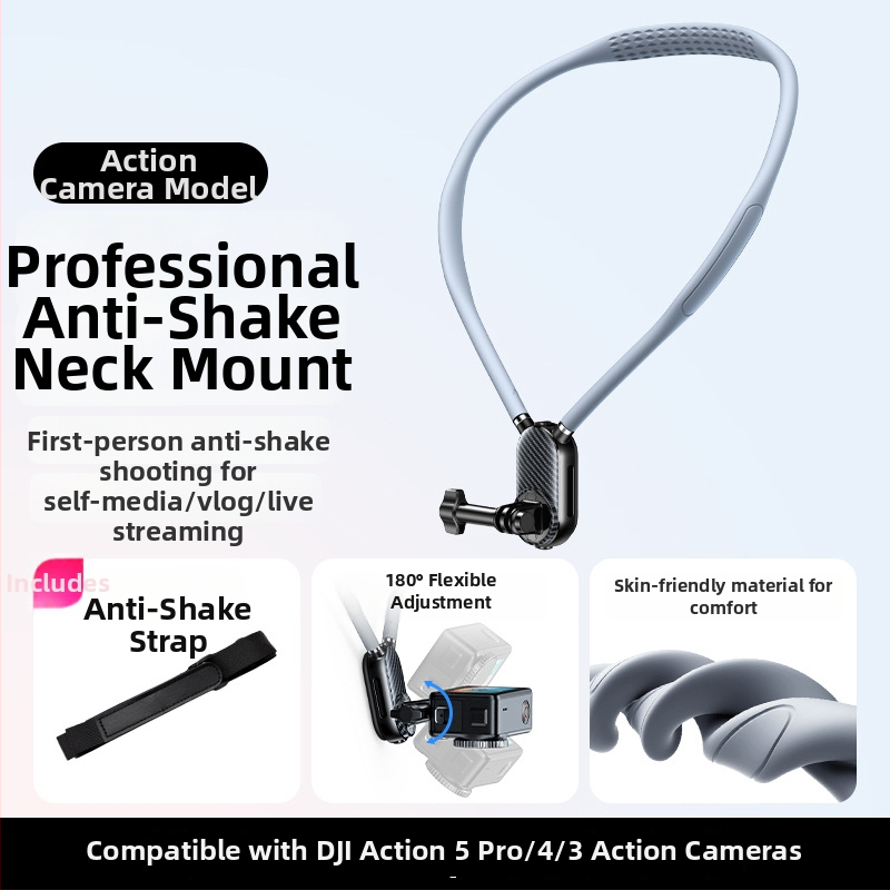 Suport magnetic pentru gât cu anti-vibrații pentru camere de acțiune și smartphone-uri — cauciuc și metal, compatibil universal, model J10