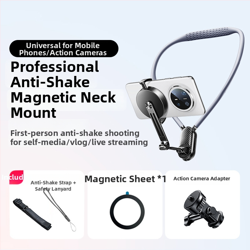 Suport magnetic pentru gât cu anti-vibrații pentru camere de acțiune și smartphone-uri — cauciuc și metal, compatibil universal, model J10