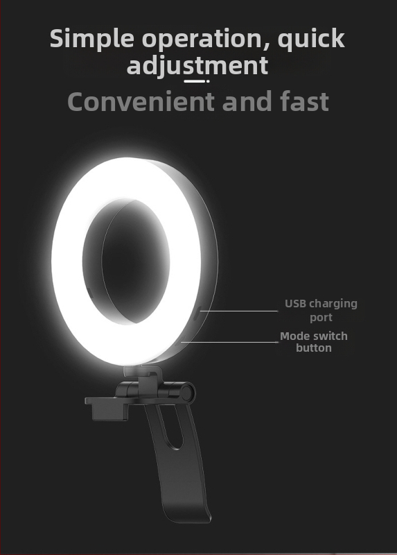 Klipové kruhové svetlo na živé vysielanie — pre mobilný telefón a počítač, USB napájanie 5V, pod 10W, stmievateľné