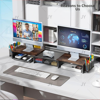 Dvojmonitorový stolový vyvýšený stojan s zásuvkou — 3 úrovne, uhlíková oceľ, montáž na stôl