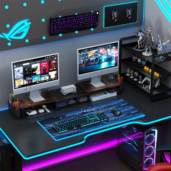 Dvojmonitorový stolový vyvýšený stojan s zásuvkou — 3 úrovne, uhlíková oceľ, montáž na stôl