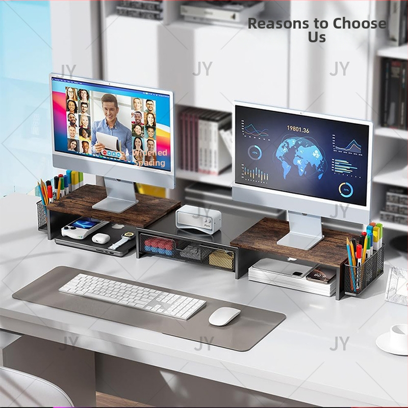 Dvojmonitorový stolový vyvýšený stojan s zásuvkou — 3 úrovne, uhlíková oceľ, montáž na stôl