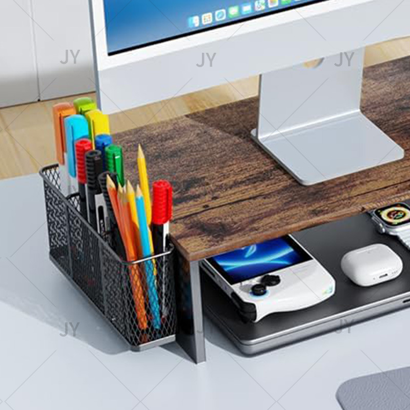 Dvojmonitorový stolový vyvýšený stojan s zásuvkou — 3 úrovne, uhlíková oceľ, montáž na stôl