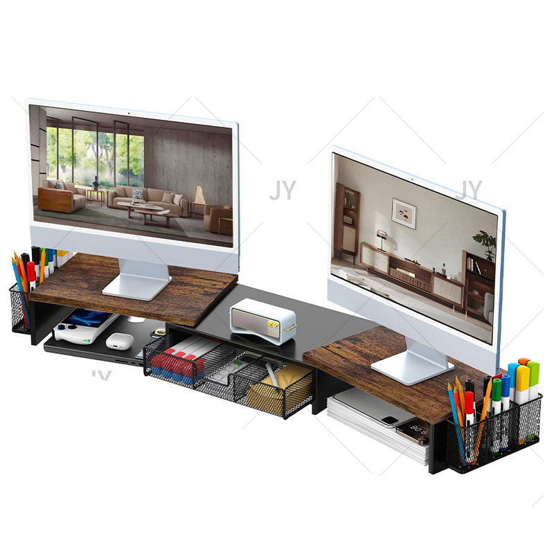 Dvojmonitorový stolový vyvýšený stojan s zásuvkou — 3 úrovne, uhlíková oceľ, montáž na stôl