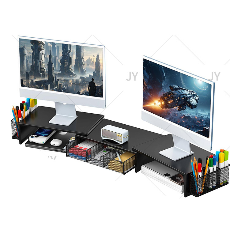 Dvojmonitorový stolový vyvýšený stojan s zásuvkou — 3 úrovne, uhlíková oceľ, montáž na stôl