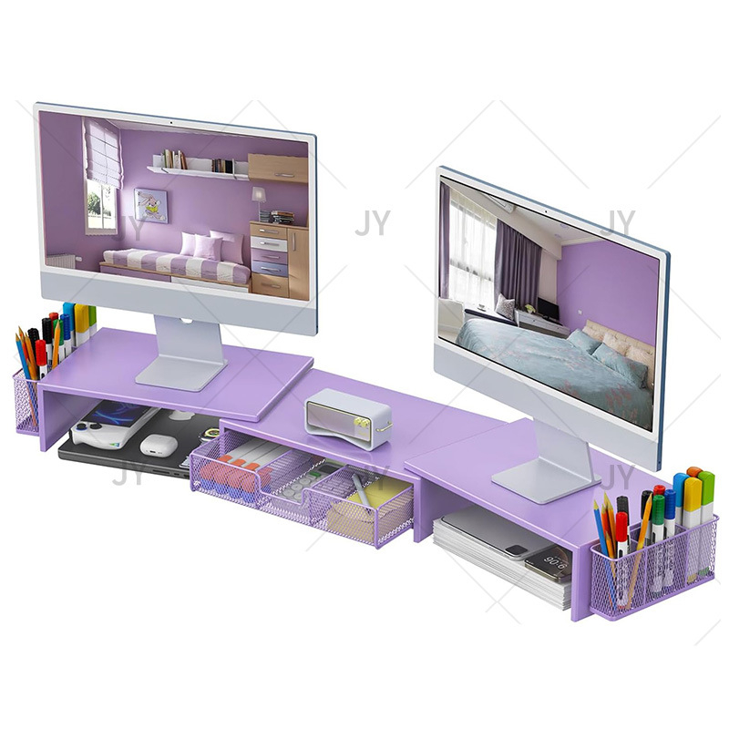 Dvojmonitorový stolový vyvýšený stojan s zásuvkou — 3 úrovne, uhlíková oceľ, montáž na stôl