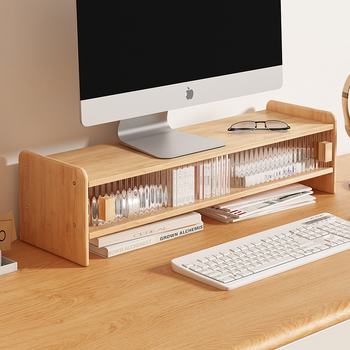 Dvojposchodový bambusový stojan na stolný monitor s úložným priestorom, moderný minimalistický štýl, multifunkčný