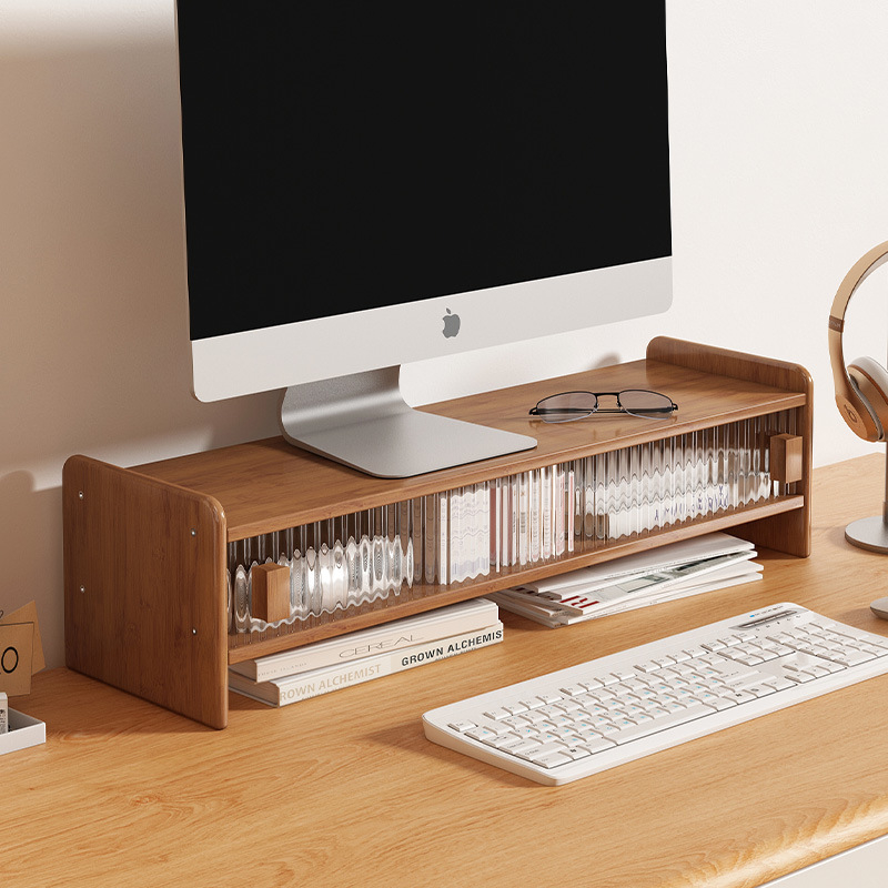 Dvojposchodový bambusový stojan na stolný monitor s úložným priestorom, moderný minimalistický štýl, multifunkčný