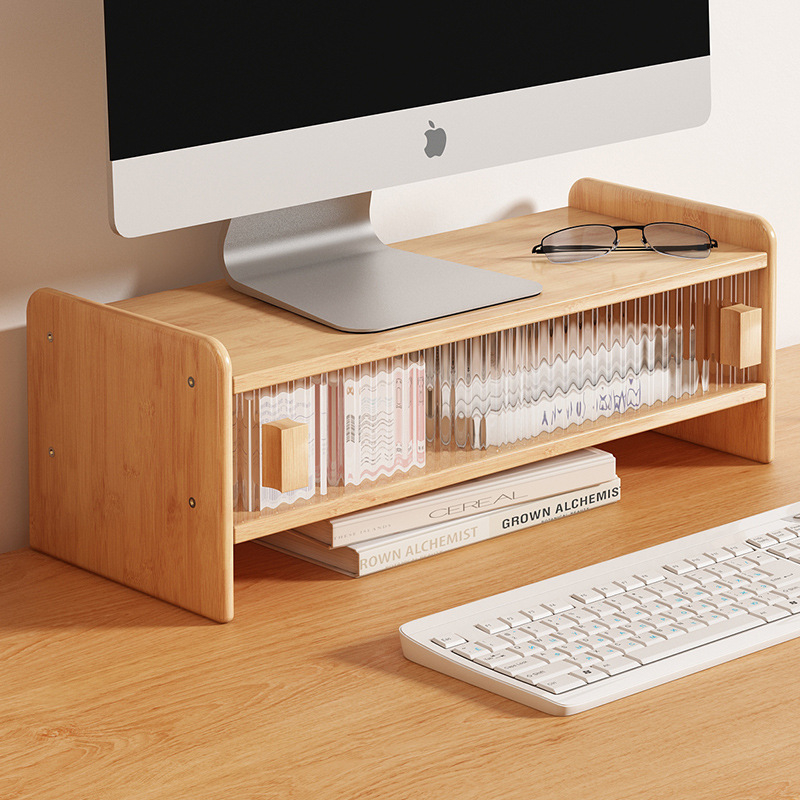 Dvojposchodový bambusový stojan na stolný monitor s úložným priestorom, moderný minimalistický štýl, multifunkčný