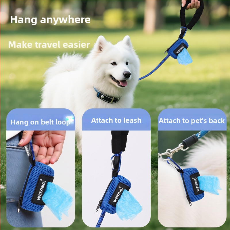 Dispenzér tašiek na výkaly psov s kontinuálnou rolou, ľahko prenosný, na vonkajšie použitie s hákom