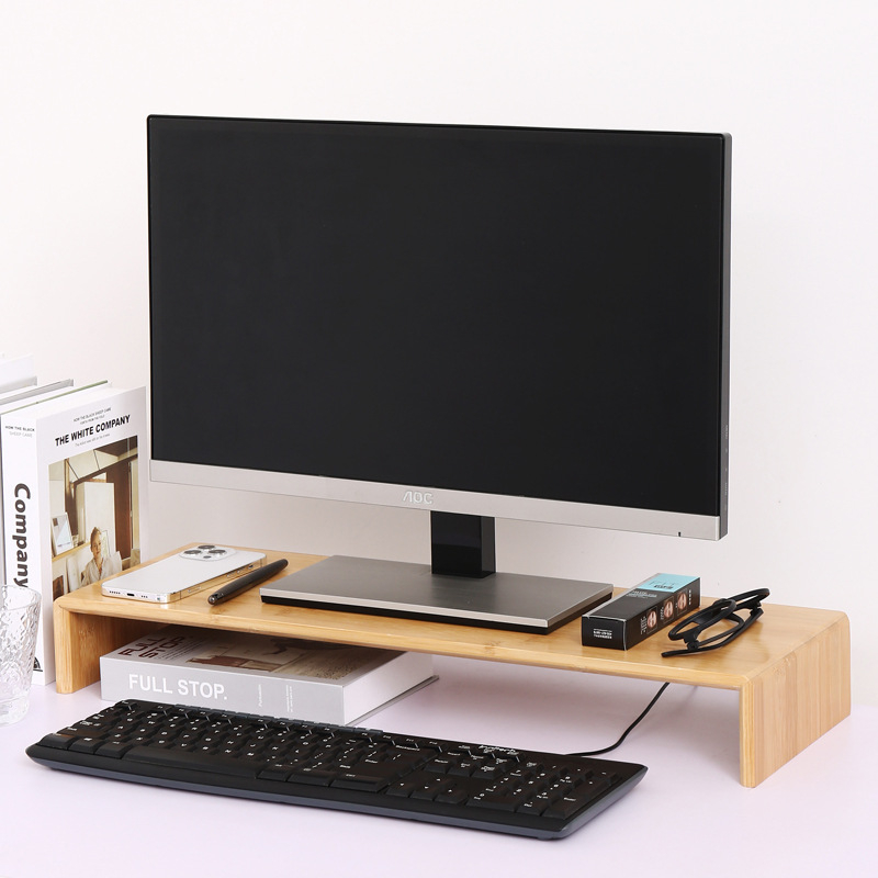 Trojposchodový stolný vyvýšený stojan na počítač — drevený/bambusový materiál, jednoduchý moderný štýl; viacúčelový organizér s úložiskom pre kozmetiku, na stole a do izby; bez montáže.