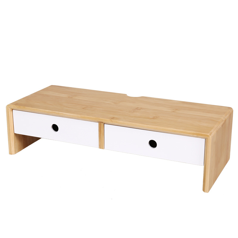 Trojposchodový stolný vyvýšený stojan na počítač — drevený/bambusový materiál, jednoduchý moderný štýl; viacúčelový organizér s úložiskom pre kozmetiku, na stole a do izby; bez montáže.