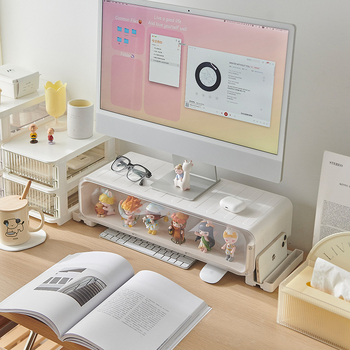 Uredski izvlačni nosač monitora s kutijom za pohranu na radnom stolu – plast, 1 sloj, japanski stil vučnog dizajna, montaža na stol