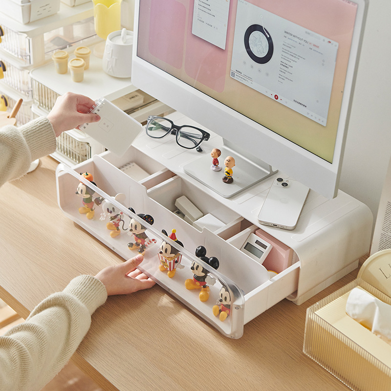 Uredski izvlačni nosač monitora s kutijom za pohranu na radnom stolu – plast, 1 sloj, japanski stil vučnog dizajna, montaža na stol