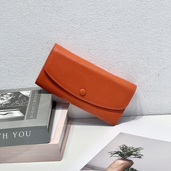 Дамски дълъг портфейл от естествена кожа — горният слой кравешка кожа, едноцветен модел, ежедневна употреба, износоустойчив, подплата полиестер-памук