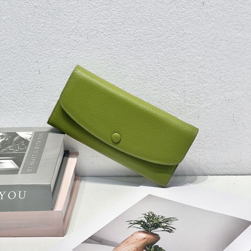 Дамски дълъг портфейл от естествена кожа — горният слой кравешка кожа, едноцветен модел, ежедневна употреба, износоустойчив, подплата полиестер-памук