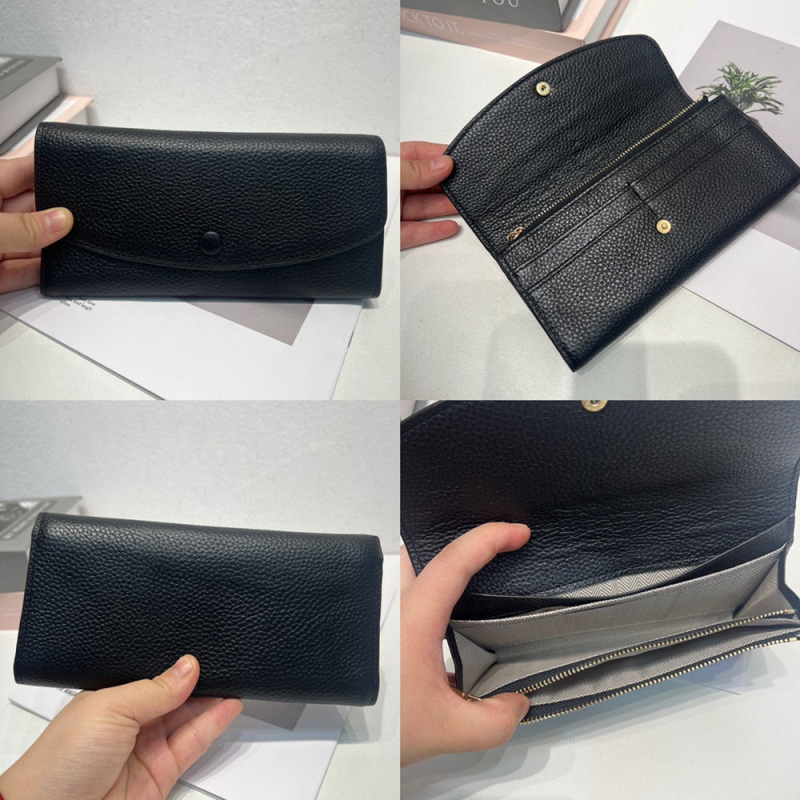 Дамски дълъг портфейл от естествена кожа — горният слой кравешка кожа, едноцветен модел, ежедневна употреба, износоустойчив, подплата полиестер-памук