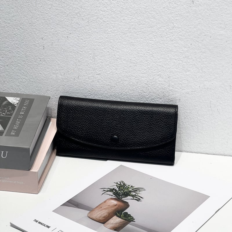 Дамски дълъг портфейл от естествена кожа — горният слой кравешка кожа, едноцветен модел, ежедневна употреба, износоустойчив, подплата полиестер-памук