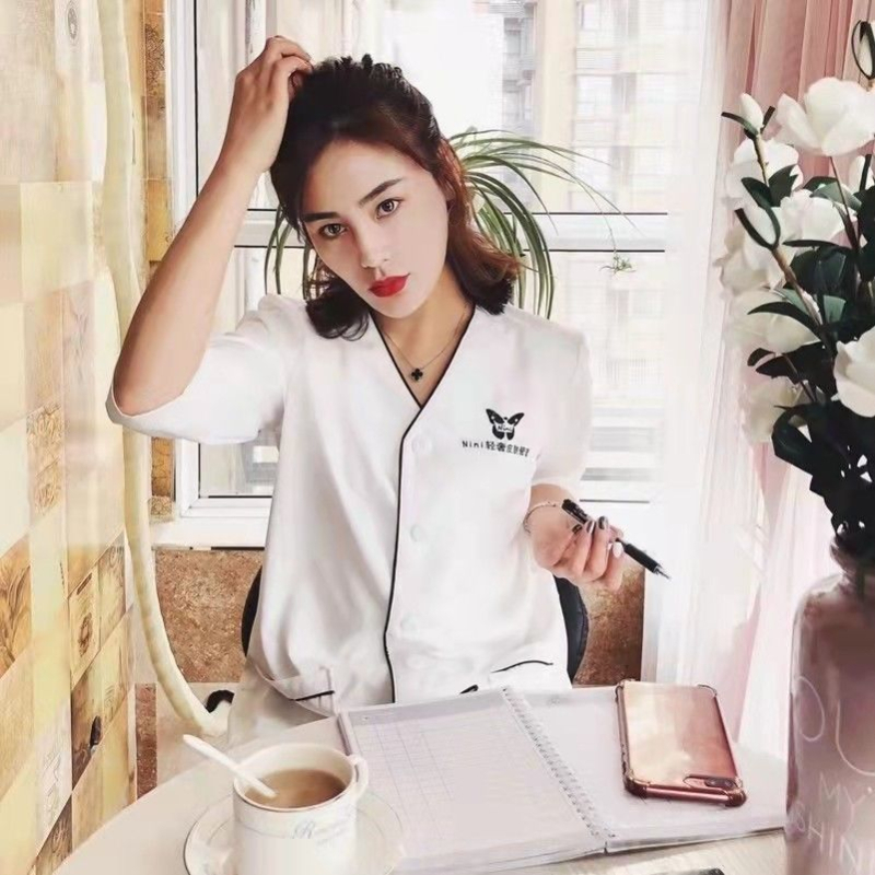 Korejski stil visoke klase unisex radna odjeća za kozmetički salon s krznenim ovratnikom, rukavi 5/4, anti-prljav završetak, tkanina 95%+ spandex, proljeće 2025