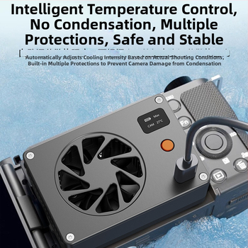 Kamerový chladič z hliníkovej zliatiny, kompatibilný so Sony ZV, radou A7, FX30, A6700, Canon R, 90D, Fujifilm X, Nikon Z30; nosnosť 2-5 kg; hmotnosť približne 100 g