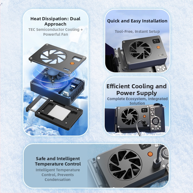 Kamerový chladič z hliníkovej zliatiny, kompatibilný so Sony ZV, radou A7, FX30, A6700, Canon R, 90D, Fujifilm X, Nikon Z30; nosnosť 2-5 kg; hmotnosť približne 100 g