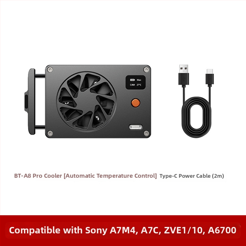 Kamerový chladič z hliníkovej zliatiny, kompatibilný so Sony ZV, radou A7, FX30, A6700, Canon R, 90D, Fujifilm X, Nikon Z30; nosnosť 2-5 kg; hmotnosť približne 100 g