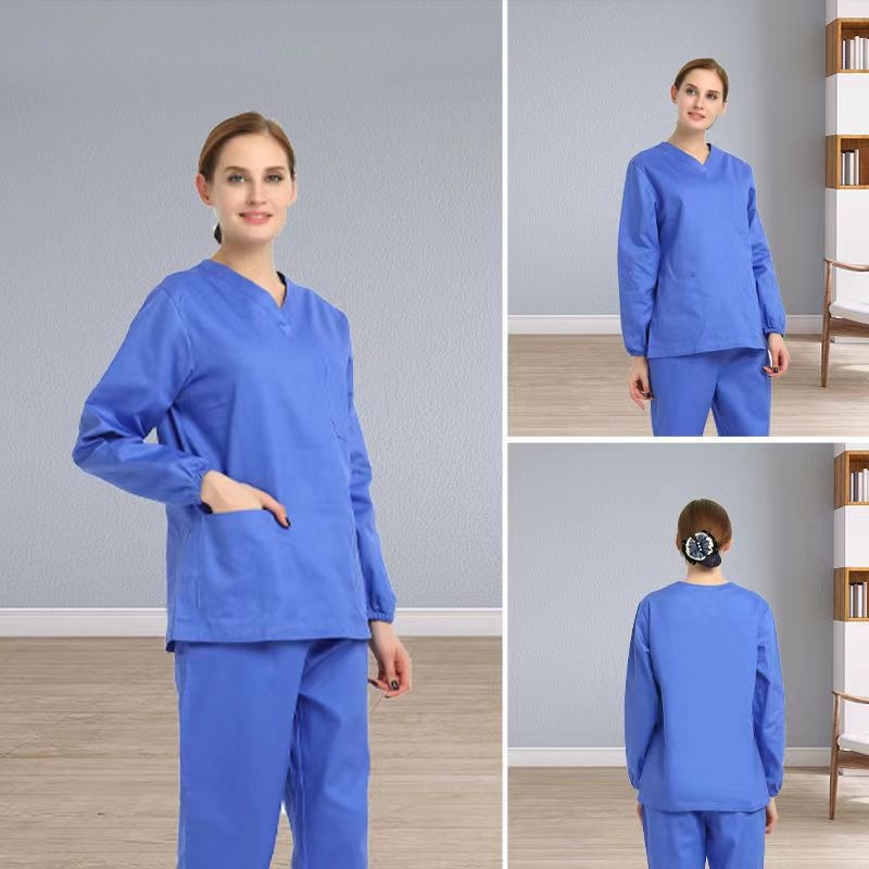 Unisex zdravotnícky ochranný odev - 100% bavlna, dlhé rukávy, stojací golier, izolácia baktérií, pre nemocnice, dentálne kliniky, domovy dôchodcov, veterinárne nemocnice