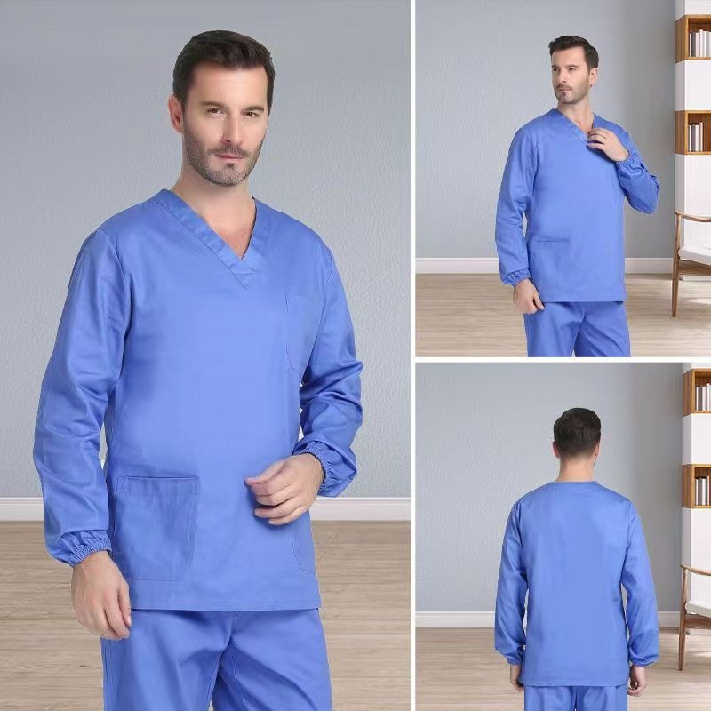 Unisex zdravotnícky ochranný odev - 100% bavlna, dlhé rukávy, stojací golier, izolácia baktérií, pre nemocnice, dentálne kliniky, domovy dôchodcov, veterinárne nemocnice