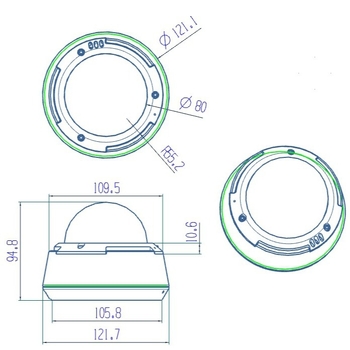 Hemisfēriskā uzraudzības kameras korpuss no alumīnija sakausējuma – griestu uzstādīšana, maksimālais kabeļa diametrs 6.0, darba temperatūra 80
