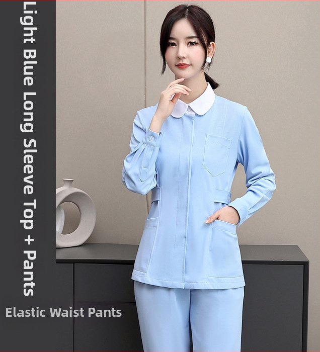 Uniforma pre zdravotný personál s dlhými rukávmi – rozdelený set, okrúhly výstrih, bavlna/poliester, 65% bavlna, 35% polyester, vhodná pre nemocnice a kozmetické salóny