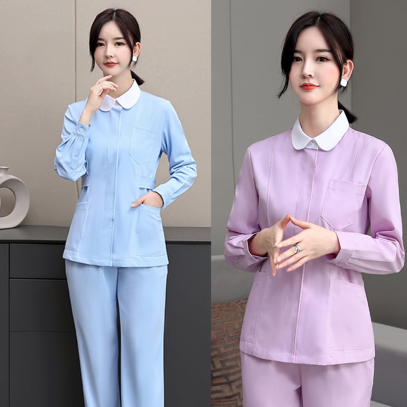 Uniforma pre zdravotný personál s dlhými rukávmi – rozdelený set, okrúhly výstrih, bavlna/poliester, 65% bavlna, 35% polyester, vhodná pre nemocnice a kozmetické salóny