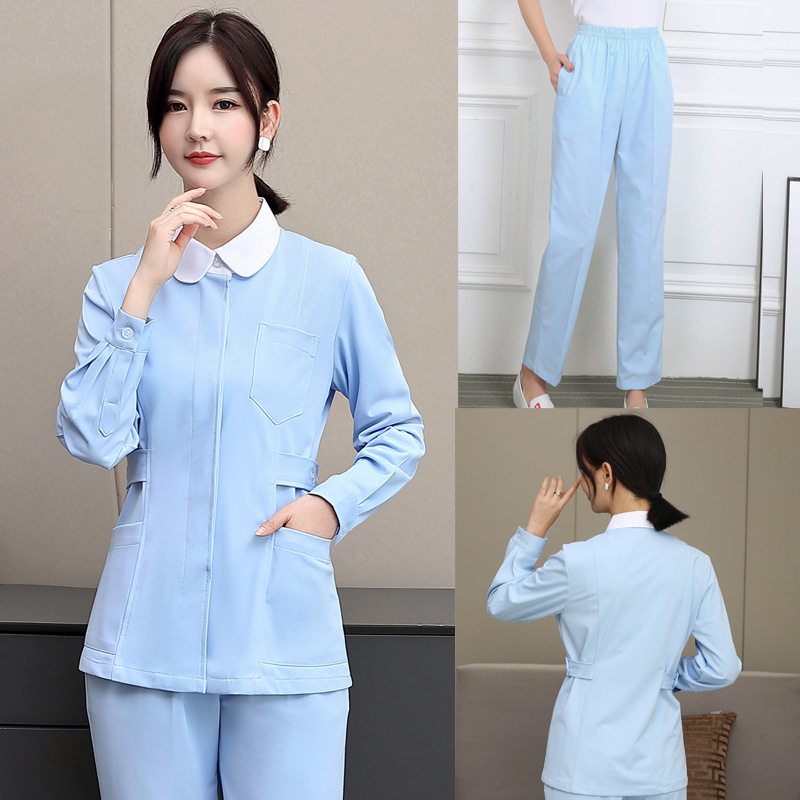 Uniforma pre zdravotný personál s dlhými rukávmi – rozdelený set, okrúhly výstrih, bavlna/poliester, 65% bavlna, 35% polyester, vhodná pre nemocnice a kozmetické salóny