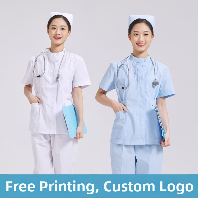 Dvojdielny set ošetrovateľskej uniformy: top s plisovaným okrúhlym výstrihom a nohavice, chenille látka, odvádzanie vlhkosti, unisex