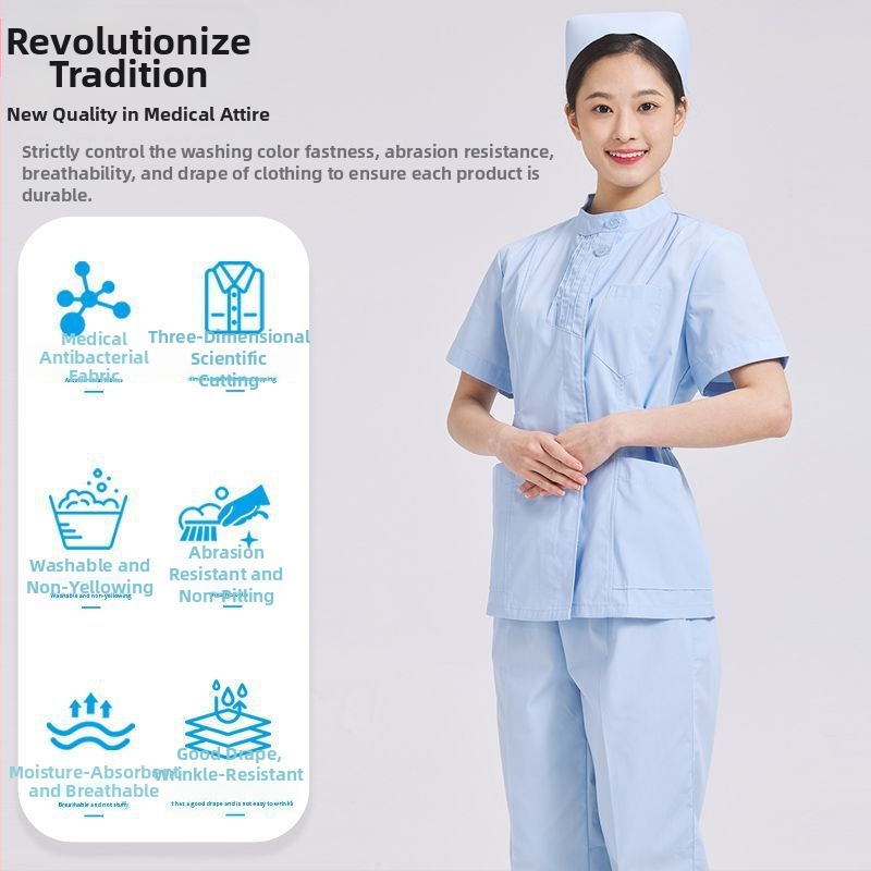 Dvojdielny set ošetrovateľskej uniformy: top s plisovaným okrúhlym výstrihom a nohavice, chenille látka, odvádzanie vlhkosti, unisex