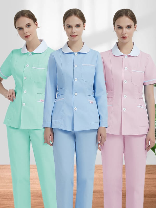 Uniformă pentru asistentă medicală, set din două părți cu guler stil păpușă, mâneci lungi, iarnă, amestec din bumbac