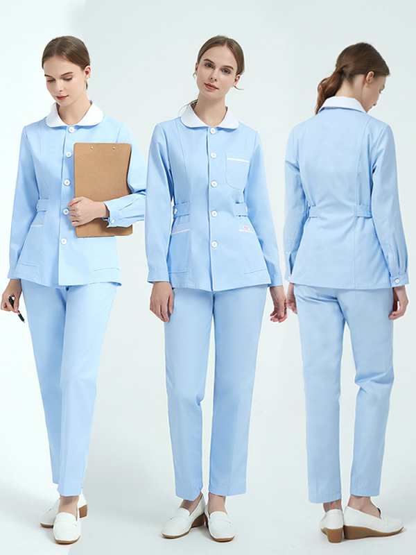 Uniformă pentru asistentă medicală, set din două părți cu guler stil păpușă, mâneci lungi, iarnă, amestec din bumbac