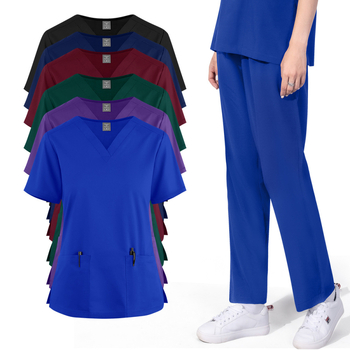 Unisex medicinska radna odjeća za dentalnu kliniku, gornji dio s V-izrezom i ravne hlače, materijal od poliestera koji odvodi vlagu, kratki rukavi, duljina gornjeg dijela 50–65 cm, pogodno za ljeto, proljeće i jesen