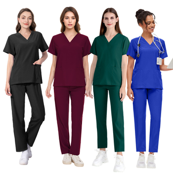 Unisex medicinska radna odjeća za dentalnu kliniku, gornji dio s V-izrezom i ravne hlače, materijal od poliestera koji odvodi vlagu, kratki rukavi, duljina gornjeg dijela 50–65 cm, pogodno za ljeto, proljeće i jesen