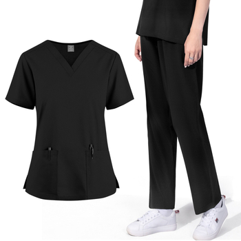 Unisex medicinska radna odjeća za dentalnu kliniku, gornji dio s V-izrezom i ravne hlače, materijal od poliestera koji odvodi vlagu, kratki rukavi, duljina gornjeg dijela 50–65 cm, pogodno za ljeto, proljeće i jesen