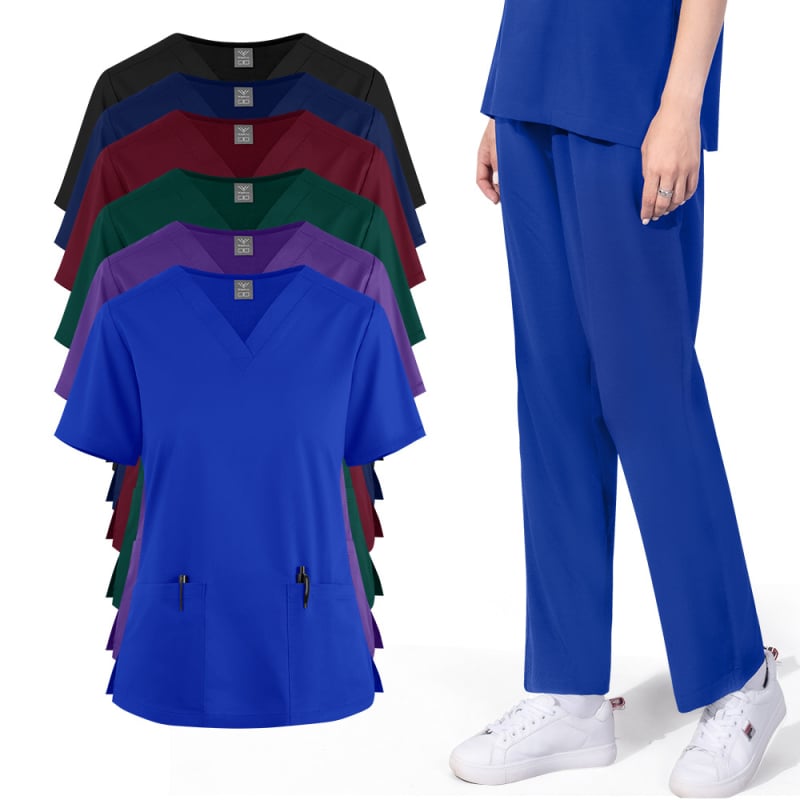 Unisex medicinska radna odjeća za dentalnu kliniku, gornji dio s V-izrezom i ravne hlače, materijal od poliestera koji odvodi vlagu, kratki rukavi, duljina gornjeg dijela 50–65 cm, pogodno za ljeto, proljeće i jesen