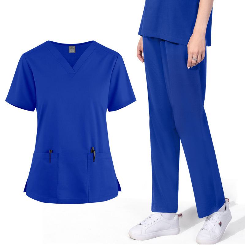 Unisex medicinska radna odjeća za dentalnu kliniku, gornji dio s V-izrezom i ravne hlače, materijal od poliestera koji odvodi vlagu, kratki rukavi, duljina gornjeg dijela 50–65 cm, pogodno za ljeto, proljeće i jesen