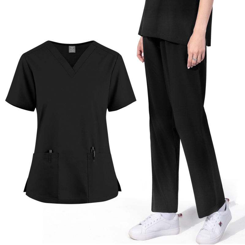 Unisex medicinska radna odjeća za dentalnu kliniku, gornji dio s V-izrezom i ravne hlače, materijal od poliestera koji odvodi vlagu, kratki rukavi, duljina gornjeg dijela 50–65 cm, pogodno za ljeto, proljeće i jesen